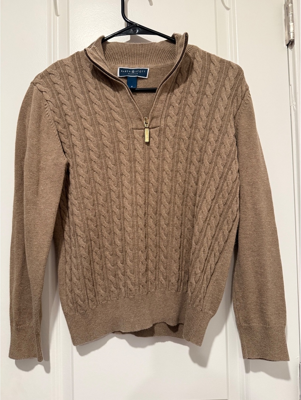 Karen Scott Petite Medium Tan Cable Knit Half-Zip Sweater 100% Cotton